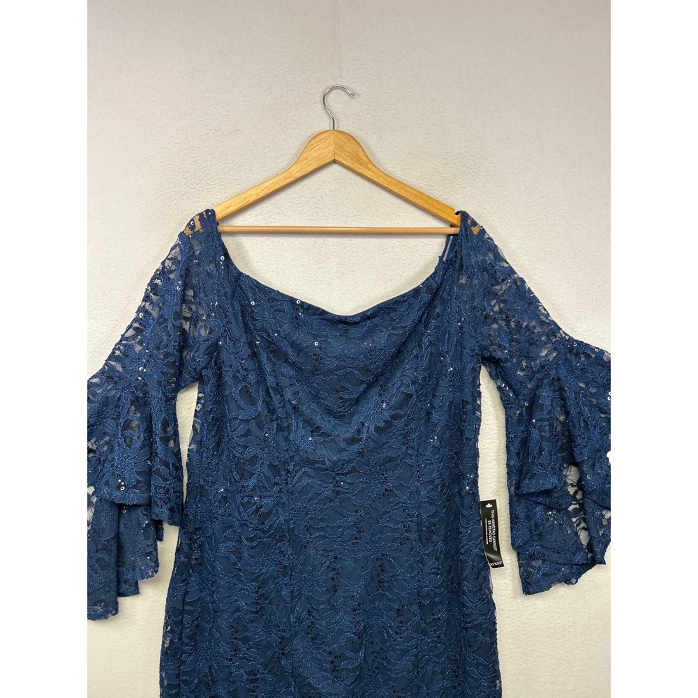 Cocktail Party Venus Womens 20 Blue Lace Sequin Bell Sleeve Off Shoulder Dress - Picture 10 of 12